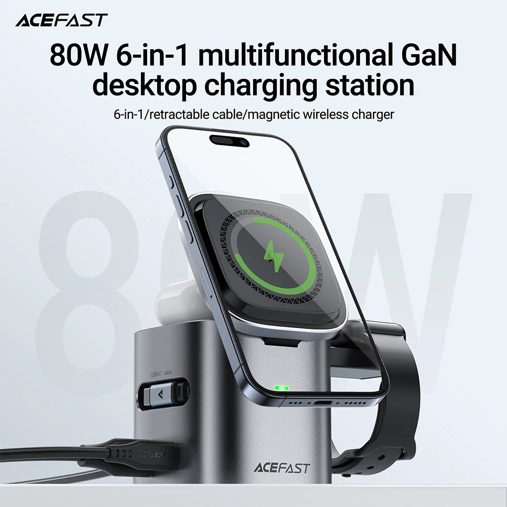 ACEFAST 6 in 1 Multifunction 15W Magnetic Wireless Charging Station For iPhone 16 15 GaN PD65W Charging Cube USB C Fast Charging | 0