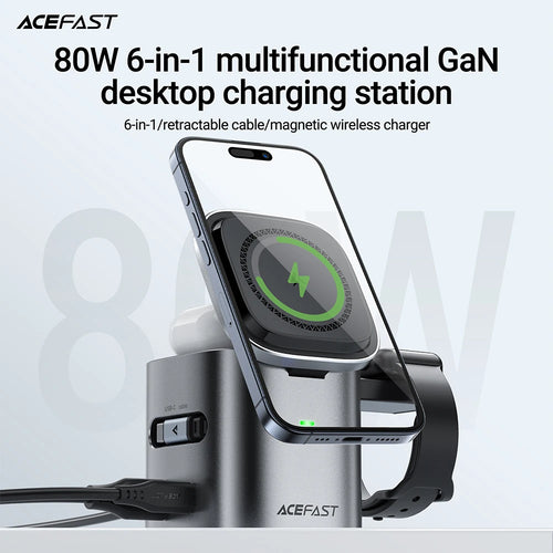 ACEFAST 6 in 1 Multifunction 15W Magnetic Wireless Charging Station For iPhone 16 15 GaN PD65W Charging Cube USB C Fast Charging | 0
