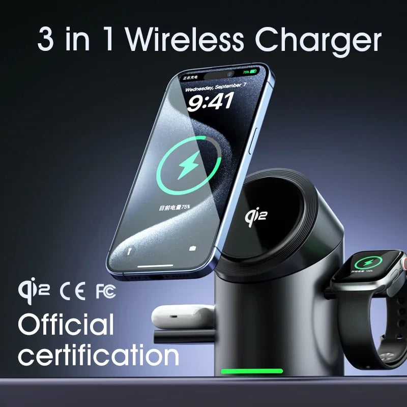 New Truly Qi2 3 In 1 Magnetic Touch Button Wireless Charger For Android iPhone iWatch Airpods Magsafe Fast Charging Dock Station | 4