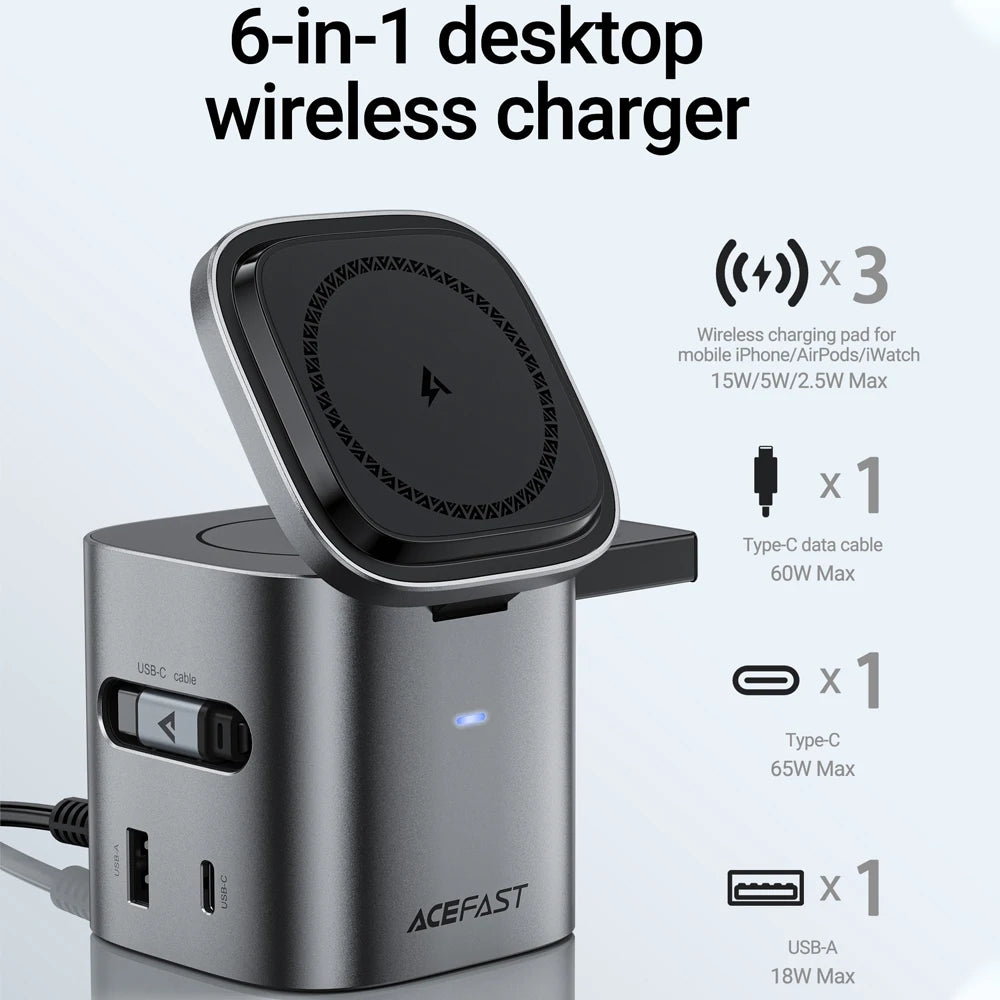 ACEFAST 6 in 1 Multifunction 15W Magnetic Wireless Charging Station For iPhone 16 15 GaN PD65W Charging Cube USB C Fast Charging | 1