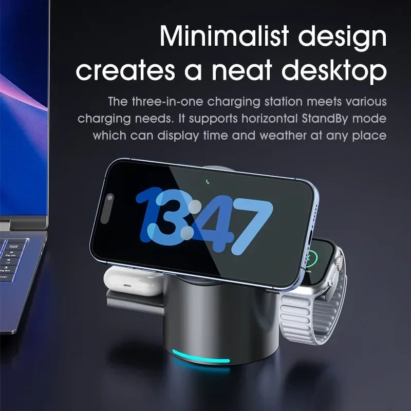 New Truly Qi2 3 In 1 Magnetic Touch Button Wireless Charger For Android iPhone iWatch Airpods Magsafe Fast Charging Dock Station | 3