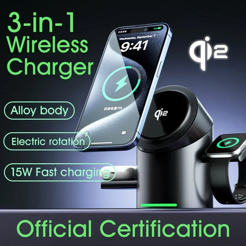 New Truly Qi2 3 In 1 Magnetic Touch Button Wireless Charger For Android iPhone iWatch Airpods Magsafe Fast Charging Dock Station | 0