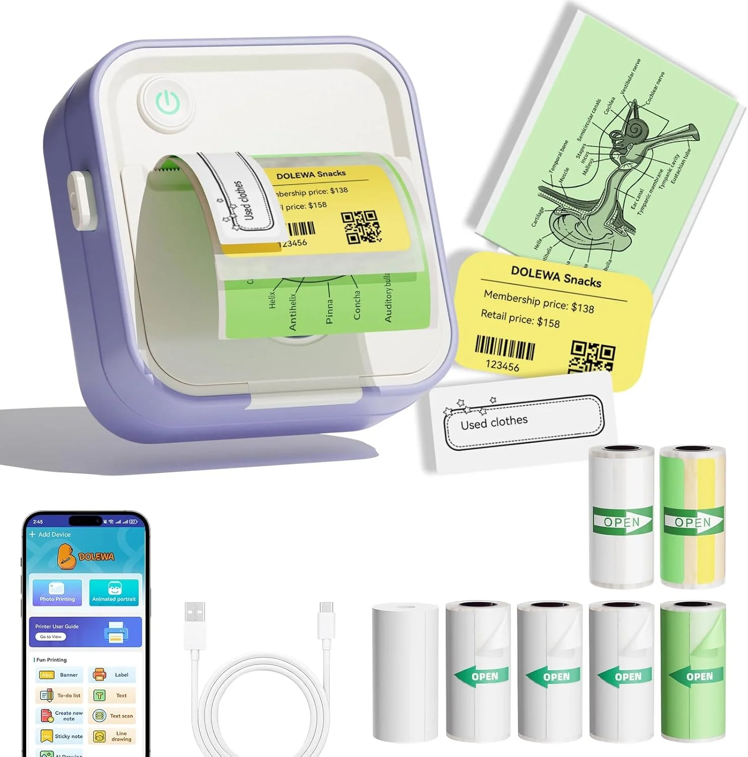 New D5 Label Printer Inkless Thermal Label Maker 12-57mm Paper Adjustable Sticker Pocket Mini Printer for photo | color:PURPLE