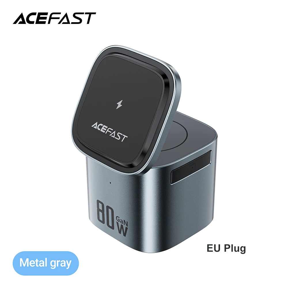 ACEFAST 6 in 1 Multifunction 15W Magnetic Wireless Charging Station For iPhone 16 15 GaN PD65W Charging Cube USB C Fast Charging | Plug Type:EU Plug