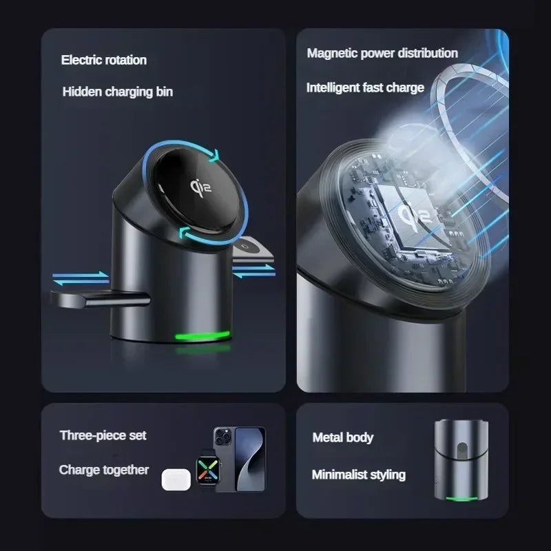 New Truly Qi2 3 In 1 Magnetic Touch Button Wireless Charger For Android iPhone iWatch Airpods Magsafe Fast Charging Dock Station | 2